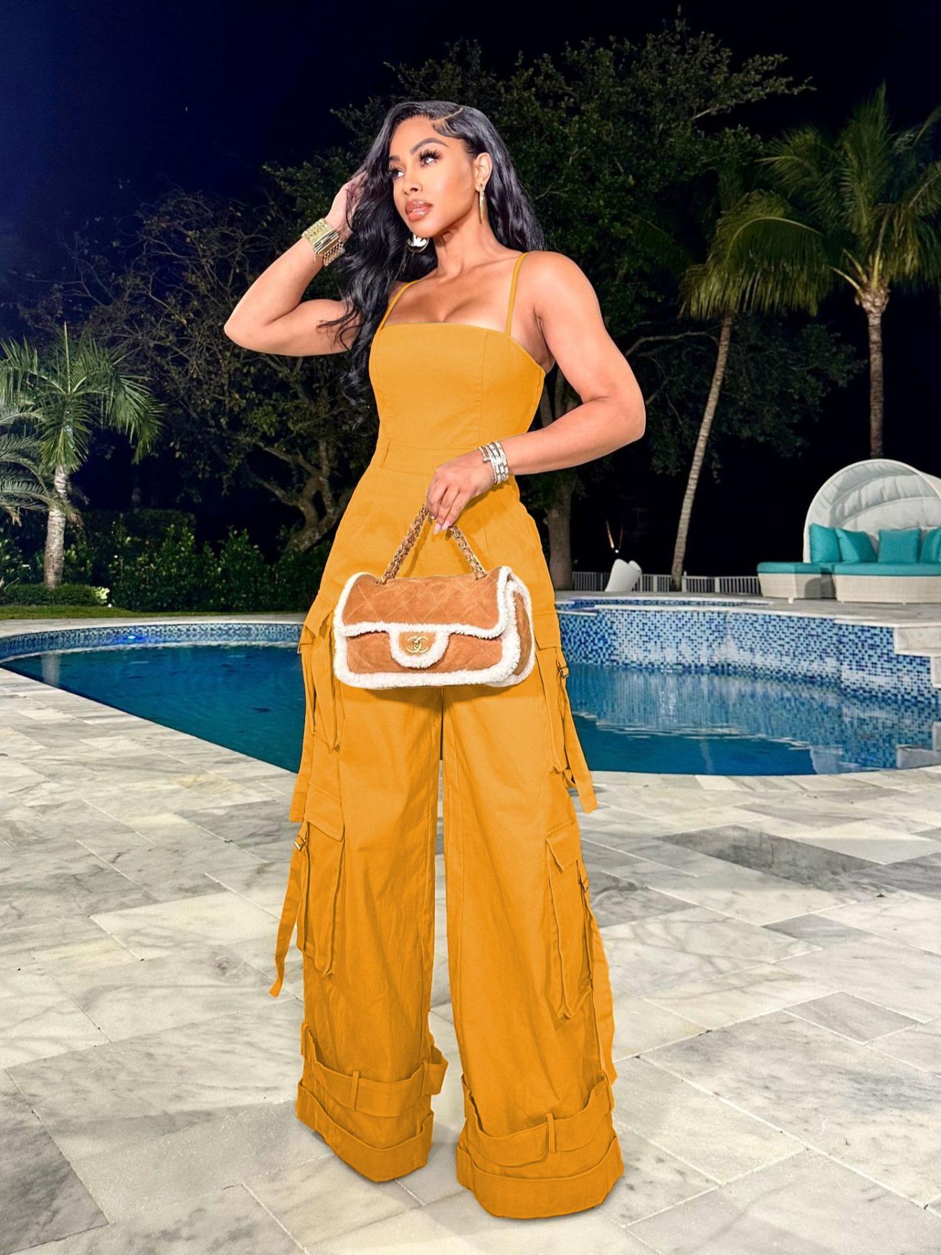 Women's Plain / All Over Print Multi-Pocket Wide Leg Cargo Jumpsuit, Casual Tape Decor Backless Spaghetti Strap Cami Sleeveless Jumpsuit, Ladies Clothes For Streetwear