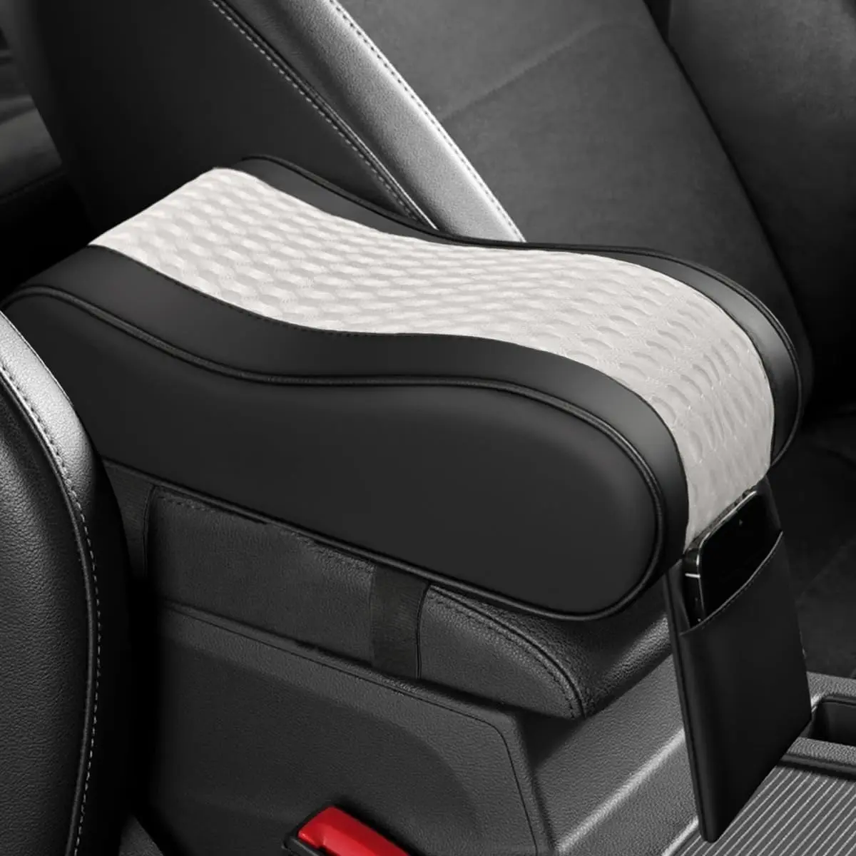 Leather Memory  Auto Center Console Armrest Pillow Pad, White |  Armrest Cushion with Storage Bag, Breathable Middle Console Protective Pad with Phone Holder  Elbow