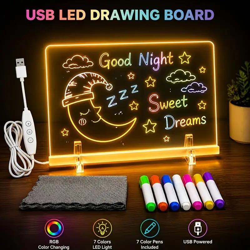 USB Powered RGB Color-changing Drawing Board Light, Decorative Atmosphere Light, Equipped with 7 Colored Pens Graffiti Message Board, Button Control, Art Creation, for Bedrooms, Living Rooms, Desks, Holiday Lighting, Ideal Christmas, Birthday Gifts