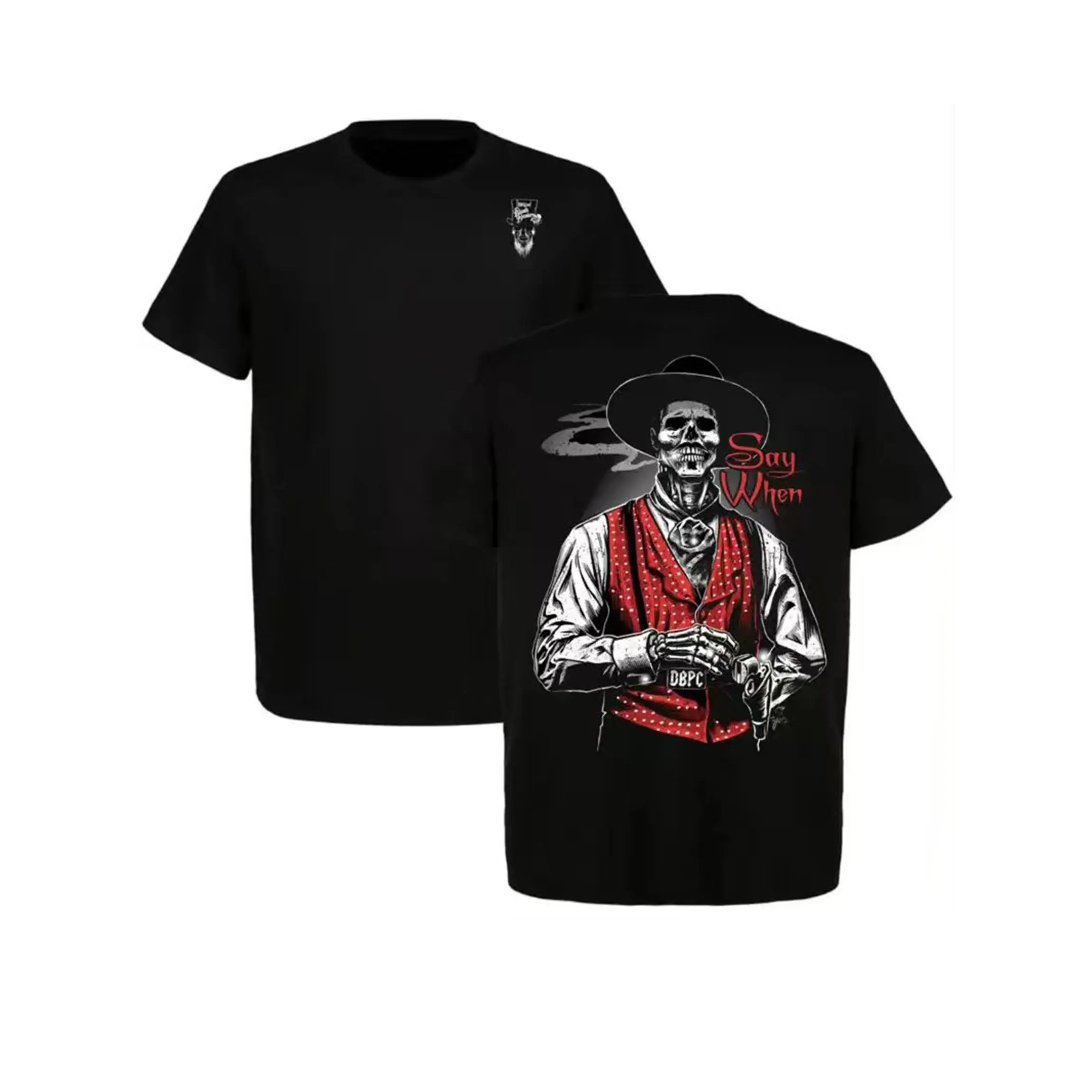 Doc Holliday "Say When" Old West Death Dealers Collection Tombstone Ghost Town Zombie Print Menswear Cotton T-Shirt - Men's Round Neck Short-Sleeve, Soft Breathable Fabric, Full Size, Cargo-Inspired Casual Sports Streetwear Top cotton tee