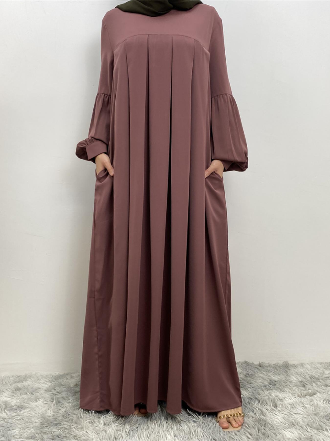 Women's Solid Lantern Sleeve Arabian Dress Without Hijab, Casual Long Sleeve Pleated Dress, Ladies Spring & Fall Clothes For Daily Wear, Summer Outfits 2024, Muslim Women Gowns