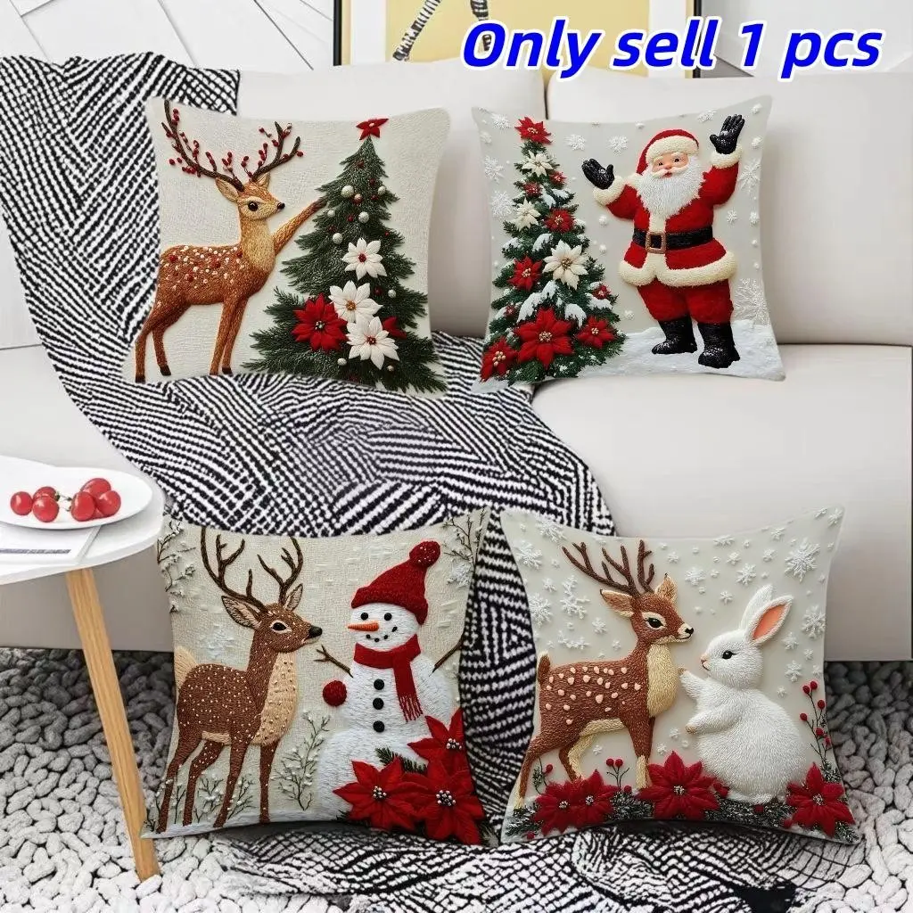 Printed Christmas Decorative Pillowcase, Santa Claus and Reindeer Design, Suitable for Sofa, Bed, Home Décor, Christmas Gift, No Stuffing Included