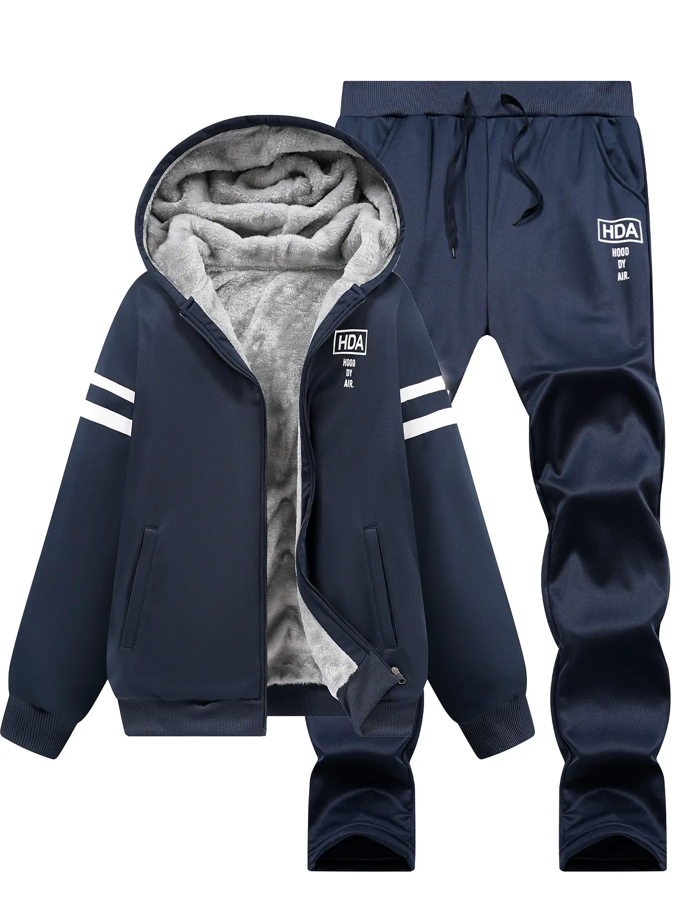 Thickened Hooded Long Sleeve Jacket with Letter Print, Elastic Waist Pants Set, Casual Fall & Winter, Women's Fashion