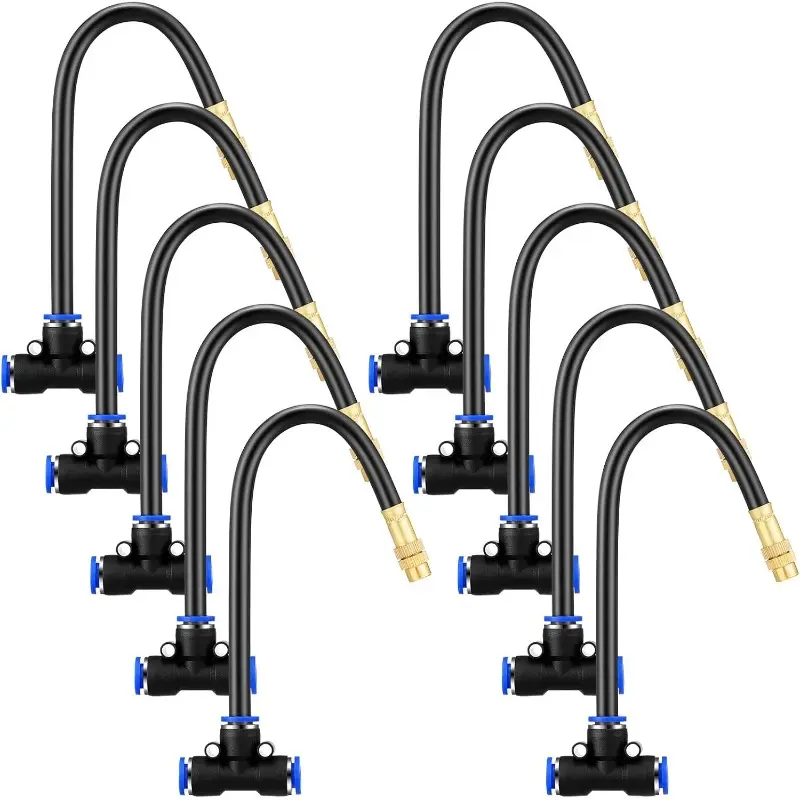 15-Pc Brass Misting Nozzle Tee Set with 8" Built-in Hose for 0.32"/8 mm Tubing, 360-Degree Rotation Adjustable Thread Sprayer, Patio Outdoor Cooling Accessories for Watering & Irrigation Patio Users