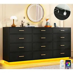 w/Power Outlet,60000-Colors Lights,Dresser Chest for Bedroom,Wooden Tall Large Capacity Clothing Storage Cabinet for Living Room,Entryway,Hallway (Black /White )