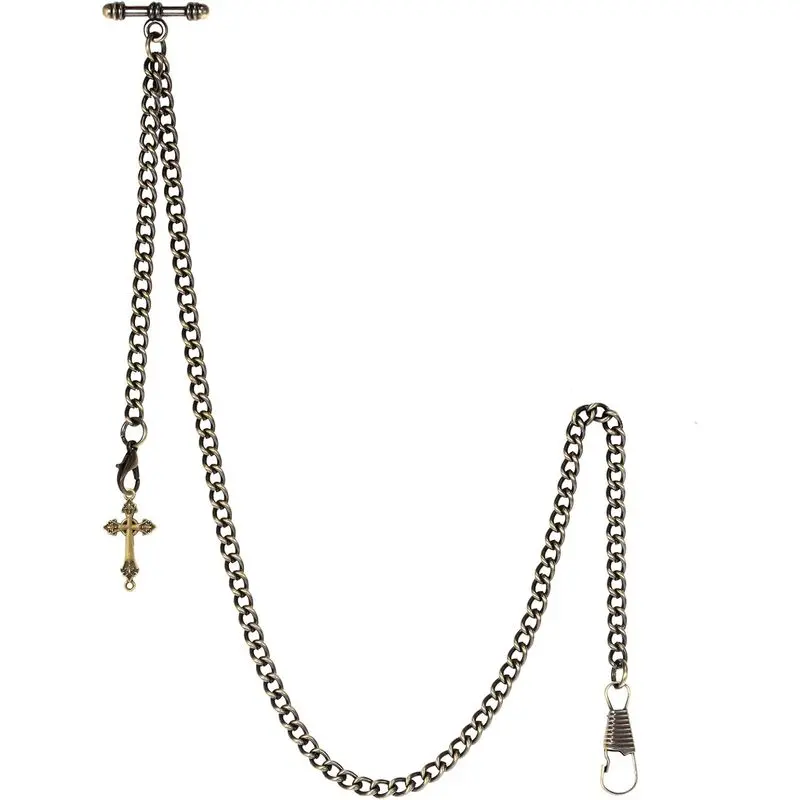 Men's Chain Pocket Watch Keychain |   Double hook, antique bronze cross pendant, T-bar, chain clasp design