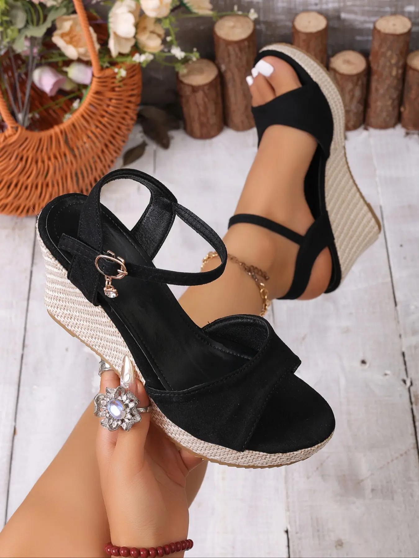 Women's Suede Open Toe Wedge Sandals, Ankle Strap Espadrille Platform Wedge Heels, Adjustable Buckle Soft Insole, Non-Slip, Rubber, Wear Resistant Outsole, Versatile for Dresses, Jeans and Casual Pants, Summer Beach Daily Vacation Shoes