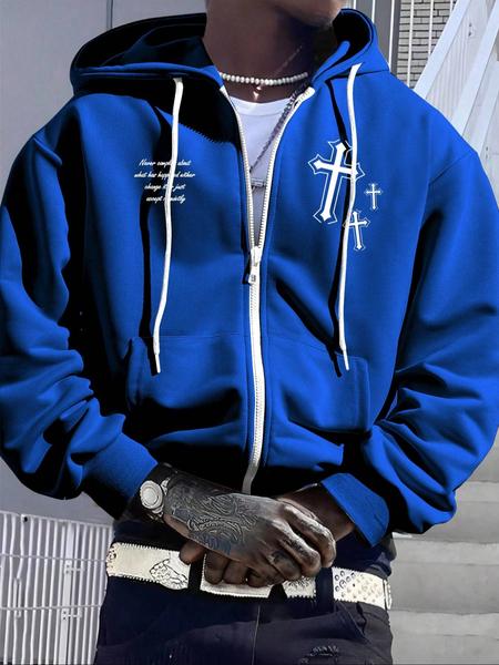 Men's Fleece Lined Zipper Hoodie Jacket, Winter Warm Sports Sweatshirt, Letter & Cross Print Long Sleeve Hooded Top for Outdoor Wear
