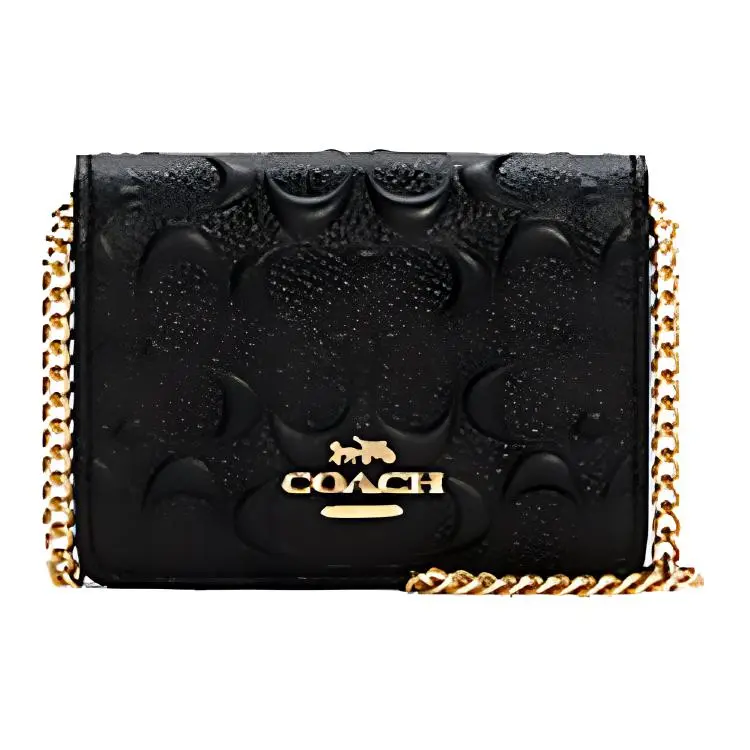 COACH Classic Monogram Embossed Flap Chain Wallet Crossbody Bag for Women, Mini Black Leather Handbag