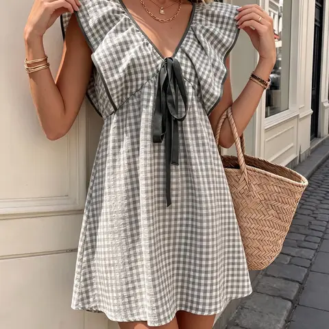 Plaid V Neck Mini Dress with Front Tie & Ruffle Sleeve, Boho Backless Waist Cinched A-Line Dress, for Summer Beach Vacation and Casual Wear
