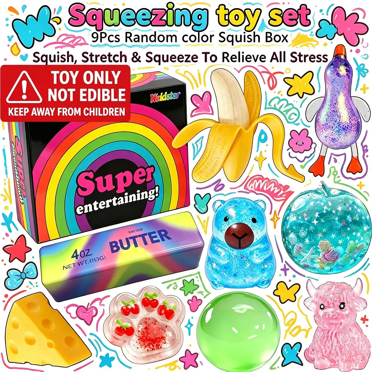 9 Pack Stress Relief Squeeze Toy Set, Random Color Glitter Animal Food Fruit Jelly Fidget Squish Toys, Calming Anxiety Relief Stretch Pinch Sensory Toys, Rainbow Gift Box Relax Toys for Kids Adults Office Classroom Party Gifts, Sparkly Squishies