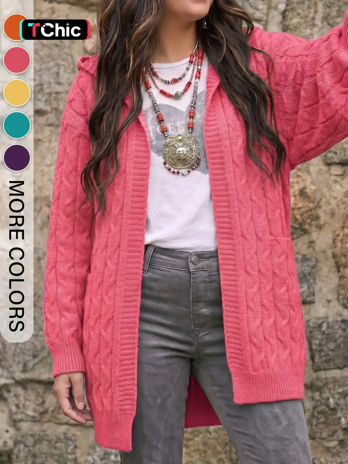 Women's Plus Size Pocket Knit Sweater, Comfortable Long Sleeve Cardigan, Casual Loose-Fitting Fall & Winter Top, Plain Design