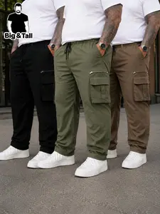 Large Size Men's Plain Straight Leg Cargo Pants Set, Comfortable Durable Design, Ideal for Daily Wear and Outdoor Activities