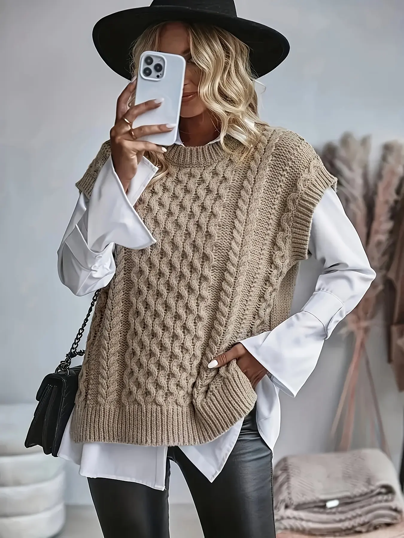 Women Spring Summer Cable Knitted Sleeveless Vest,Oversized Crew Neck Knit Tank,Layering Match White Shirt Leather Pants,Casual Daily Coffee Shopping Streetwear,Boho Neutral Basic Knit Waistcoat,Hot Selling Chic Fashion Top