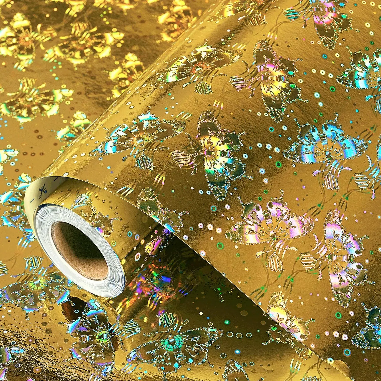 Holographic Wrapping Paper,  Butterfly Metallic  Wrapping Paper Roll, Shiny Iridescent  Wrap Paper for Birthday Valentine's Day Mother’s Day Christmas  Occasions, 17 Inch x 33