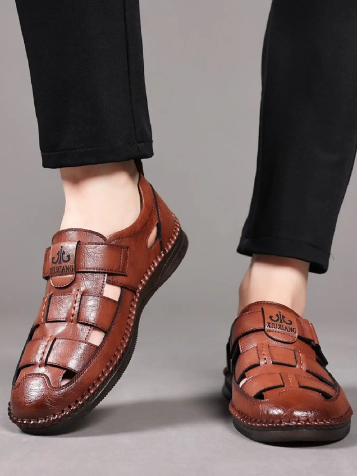 Men's Handmade Braided Leather Sandals, Footwear, Vintage Lock Edge Design, Round Toe, Flat Sole, Comfortable & Durable, Business Casual Summer Shoes