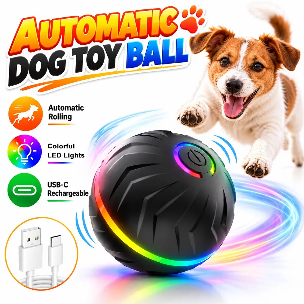 Automatic Rolling Dog Toy Ball Interactive Moving Pet Ball with Colorful LED Lights USB-C Rechargeable Smart Rolling Toy Direction Changing Indoor Exercise Play Ball for Puppies Small Medium Large Dogs