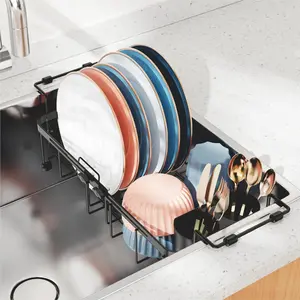 Small Sink Dish Drying Rack, 9.1" W Expandable Compact Rust Resistant Dish Drainer for RV Apartment Kitchen, Dish Rack with Lock Knob, Arms with Non Slip Rubber, Black