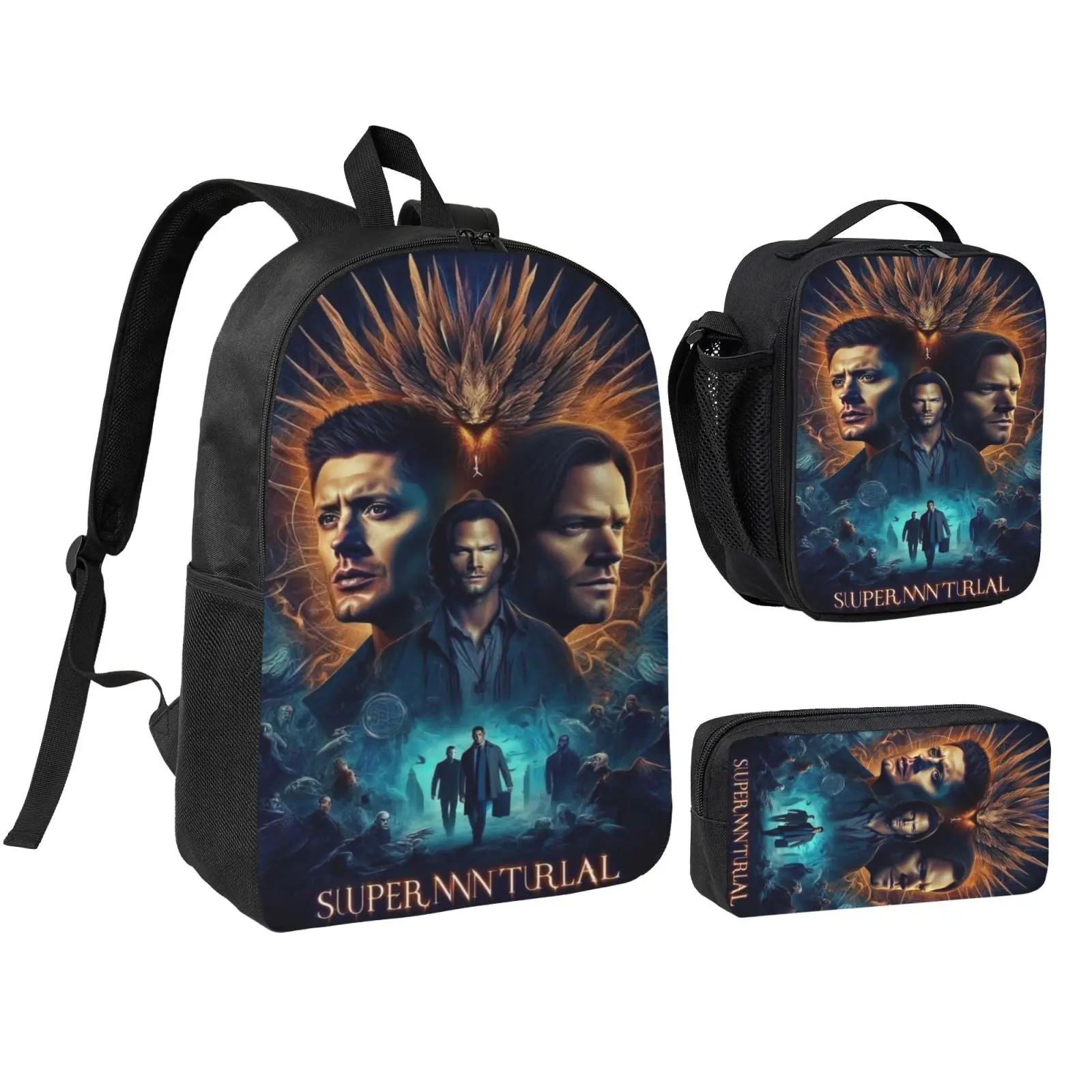 Anime Supernatural4 Kids School Bag Set, Teen Boys Girls Backpack with Adjustable Shoulder Straps, Multipurpose Bookbag with Lunch Box Pencil Bag for School Travel Office Daily Use, Polyester