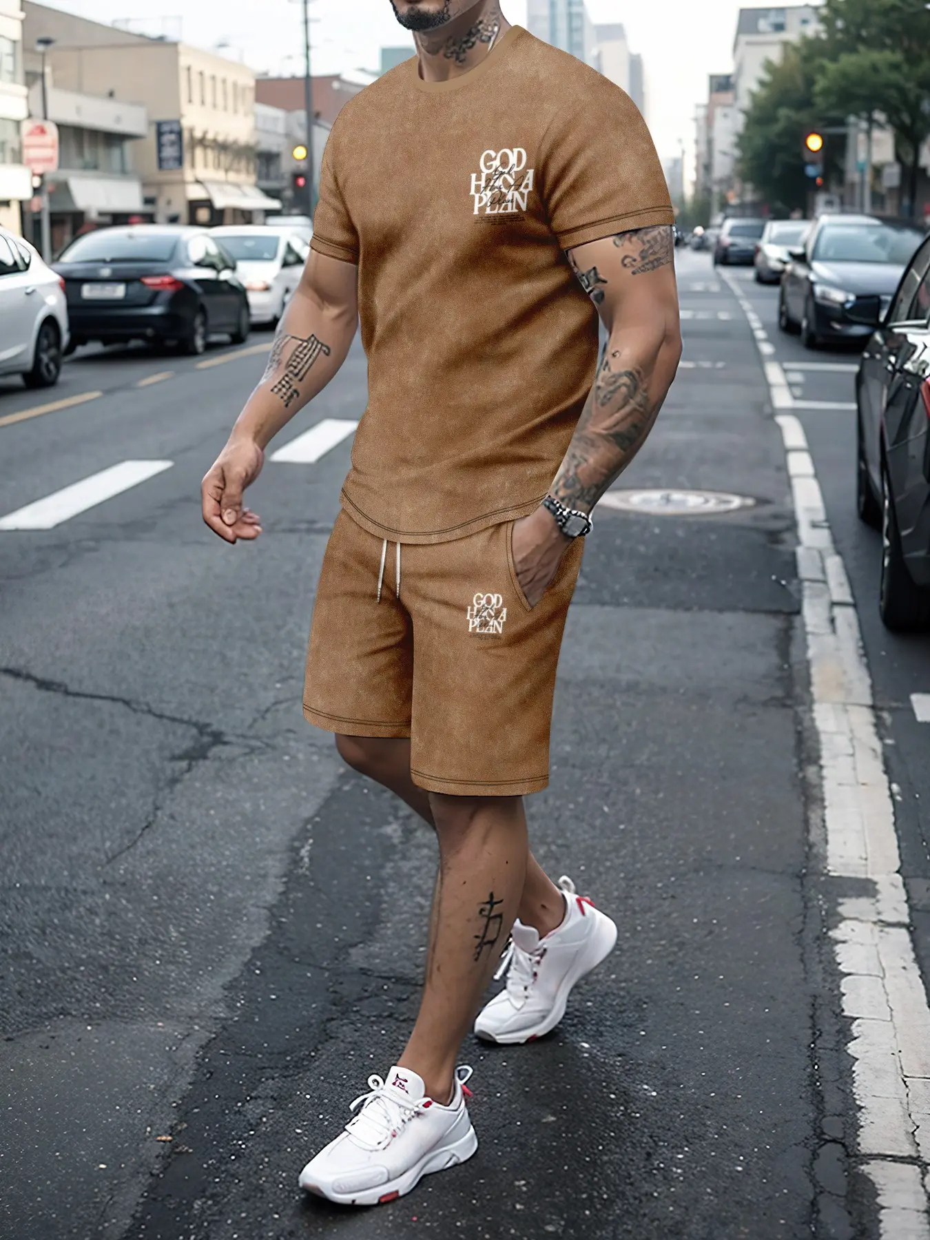 Men's Ombre Casual Two-Piece Set, God's Plan T-Shirt & Shorts, City Minimalist Print, Fitted Style, No Ca Prop 65