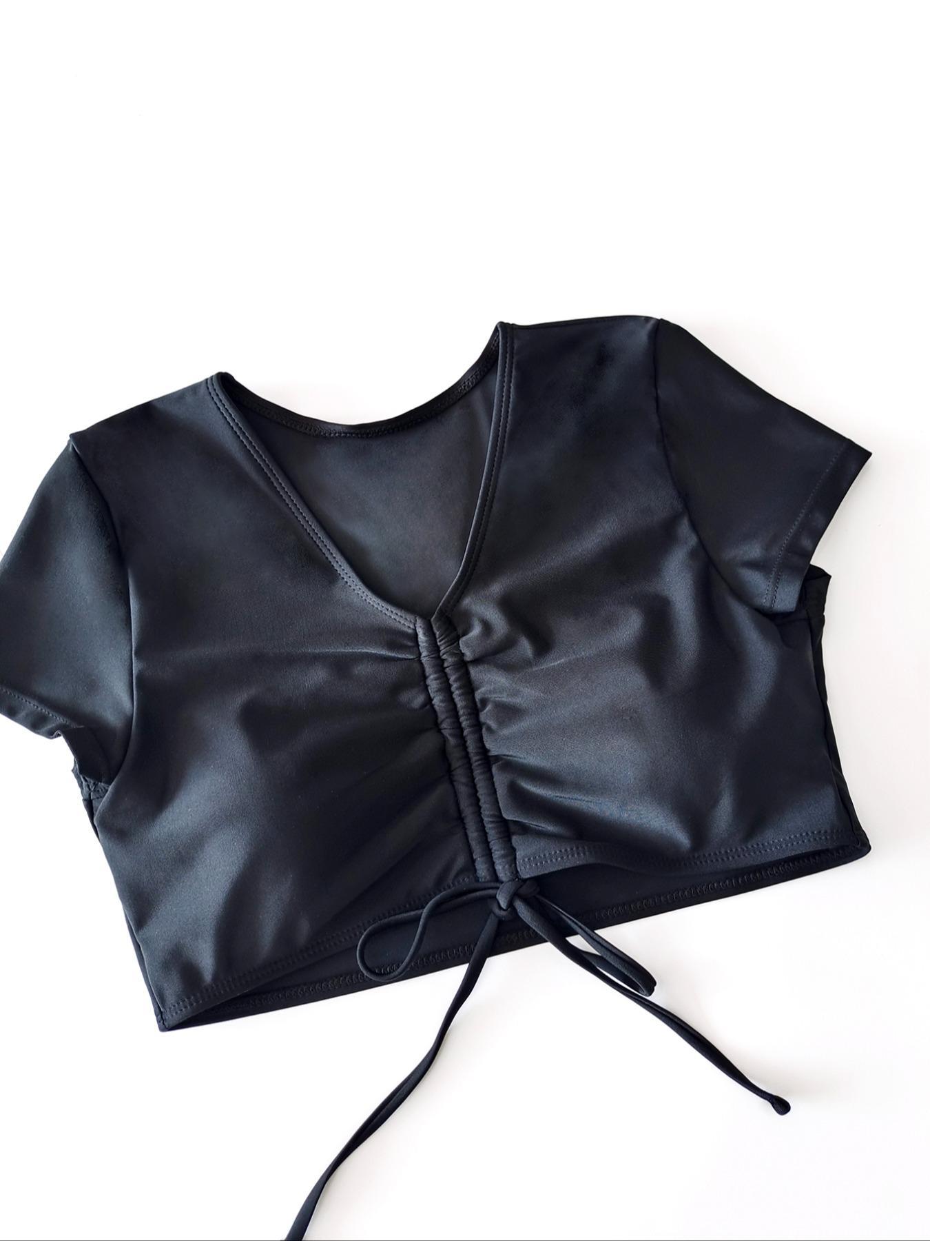 Two-Piece Set Women's Solid Ruched Drawstring Skinny Swimsuit Set, Casual V Neck Short Sleeve Tie Front Swim Top & High Waist Drawstring Side Swim Shorts, Ladies Summer Beach Holiday Vacation Swimwear, Tankini With Shorts