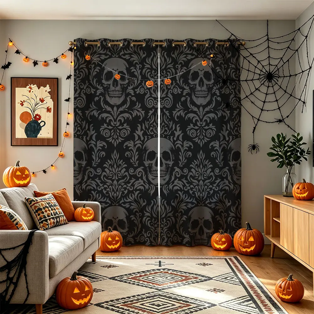 Vintage Damask Skull 2 Panels Grommet Blackout Curtains, Black Gothic Floral Skeleton Thermal Window Drapes for Halloween Decor