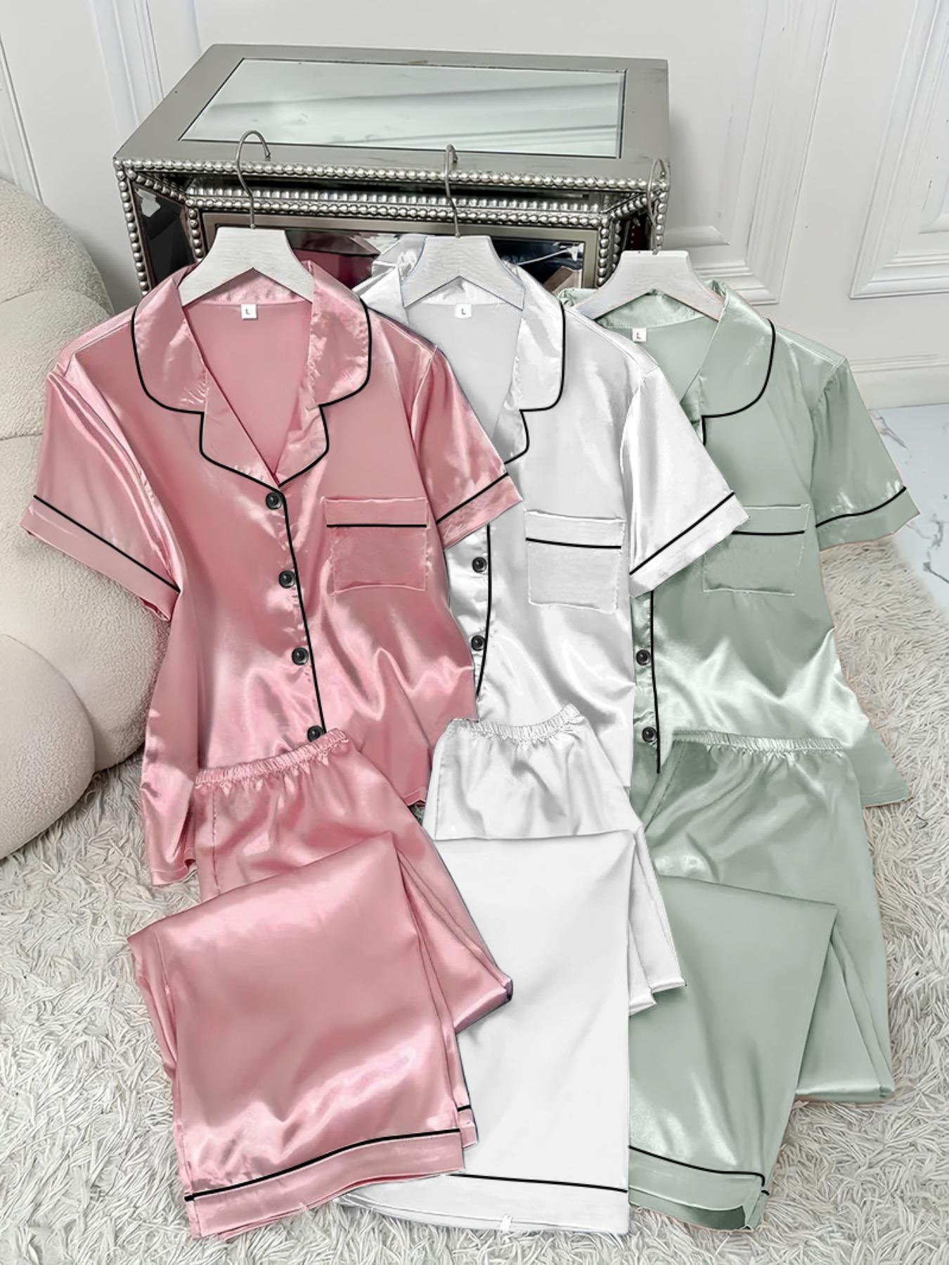 Women's Contrast Binding Lapel Shirt & Elastic Waist Pants Satin Pyjama Set, Casual Comfy Short Sleeve Pocket Button Up Top & Elastic Waist Long Trousers PJ Set, Ladies Sleepwear for All Seasons, Pajama Set