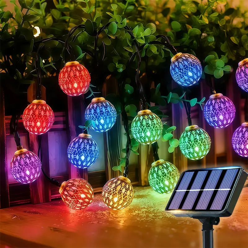 Solar-powered Spherical Moroccan String Lights, Moroccan Fairy Lights, Camping Decorative String Lights, Outdoor Pathway Lights, Suitable for Fence/path/garden/courtyard and Christmas/Thanksgiving/Halloween/Easter/Valentine's Day Atmosphere Decoration.