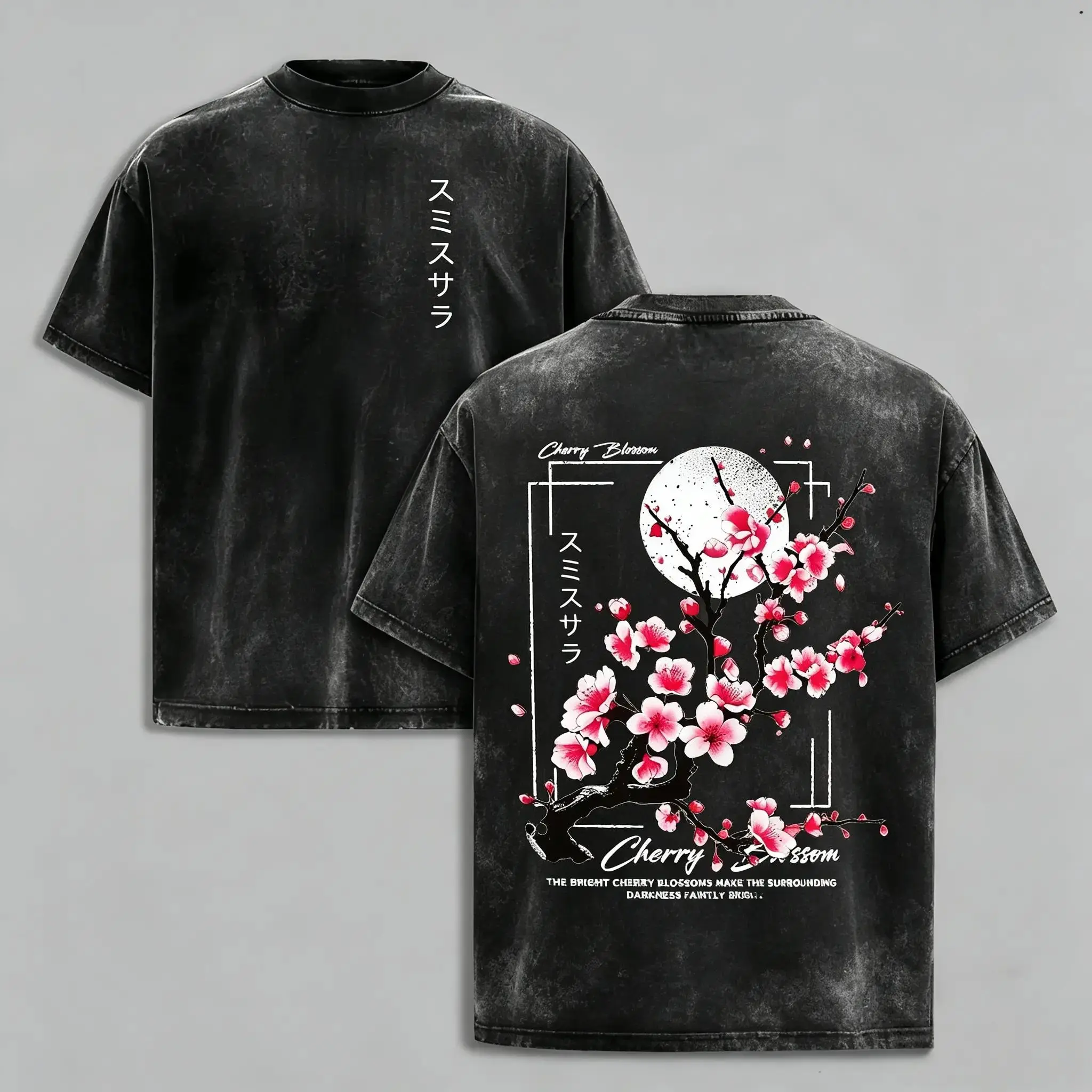 Men's Oversized Distressed Heavyweight Cotton Round Neck Short Sleeve Graphic Print T-Shirt - Sakura Japanese Letter Design, Vintage Washed, Soft, Breathable, Retro Casual Streetwear Clothes for Daily Wear