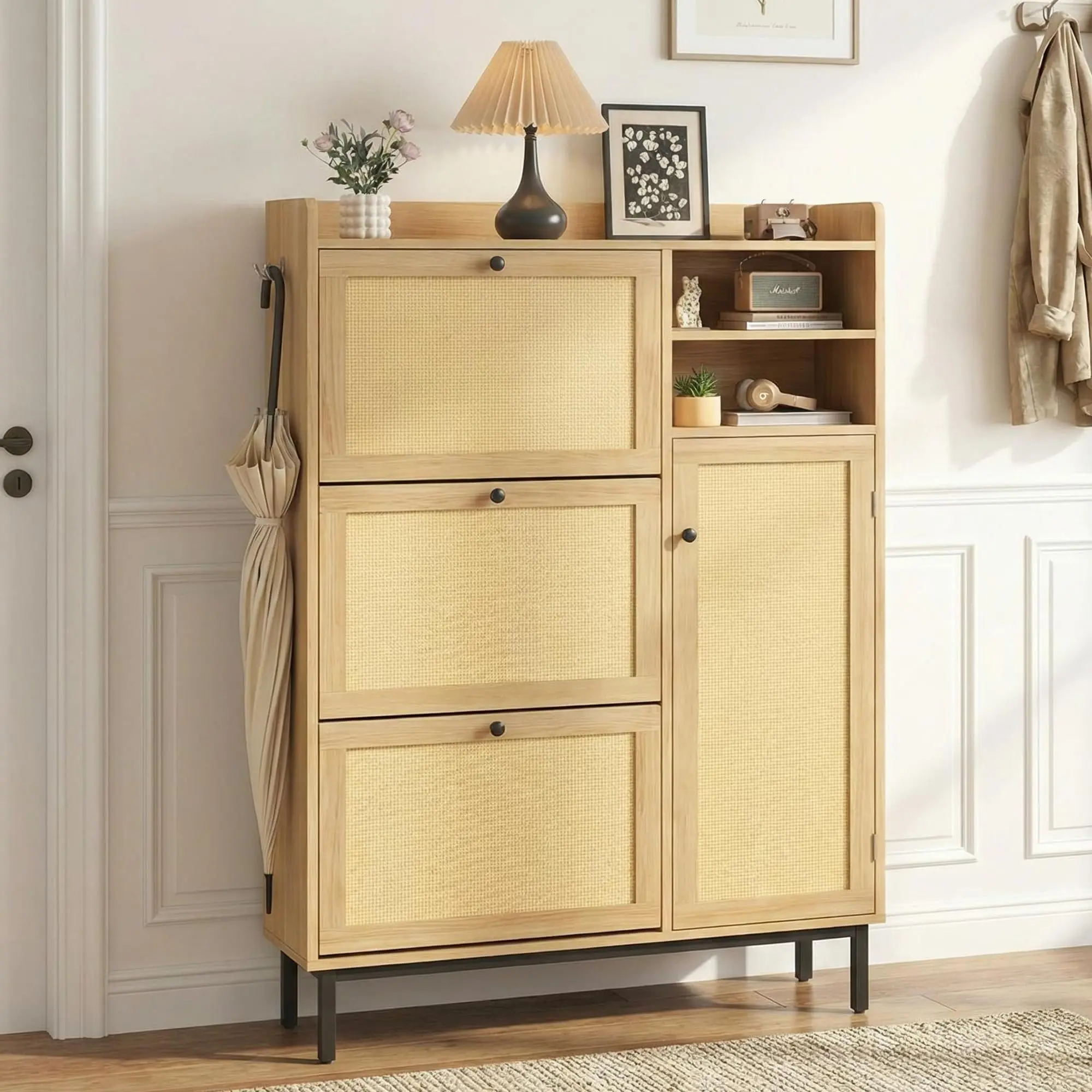 Garvee Slim Narrow Shoe Cabinet for Entryway with 3 Flip Drawers, Freestanding Storage Organizer Featuring Metal Legs, Ideal for Hallway, Entryway, or Foyer, Available in Dark Cherry Finish