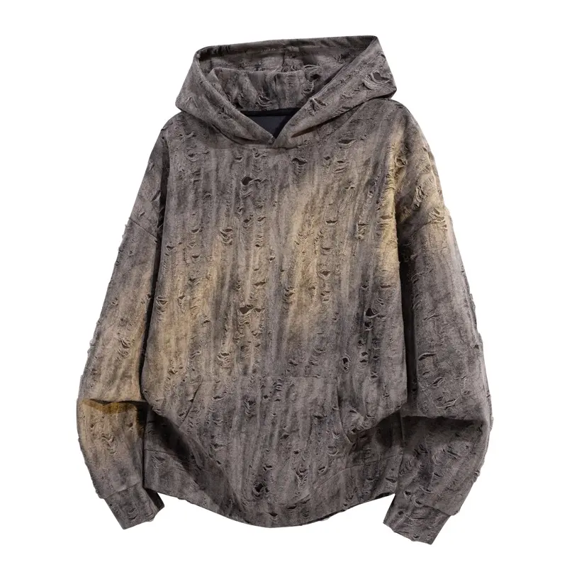 Men's Wasteland-Style Hooded Cotton Blend Sweatshirt - Menswear, Casual Fashion, Long Sleeve Streetwear, Ripped Texture, Drop-Shoulder, Distressed Look, American High-Street Retro Niche Top, Slim-Fit, Standard Sizes