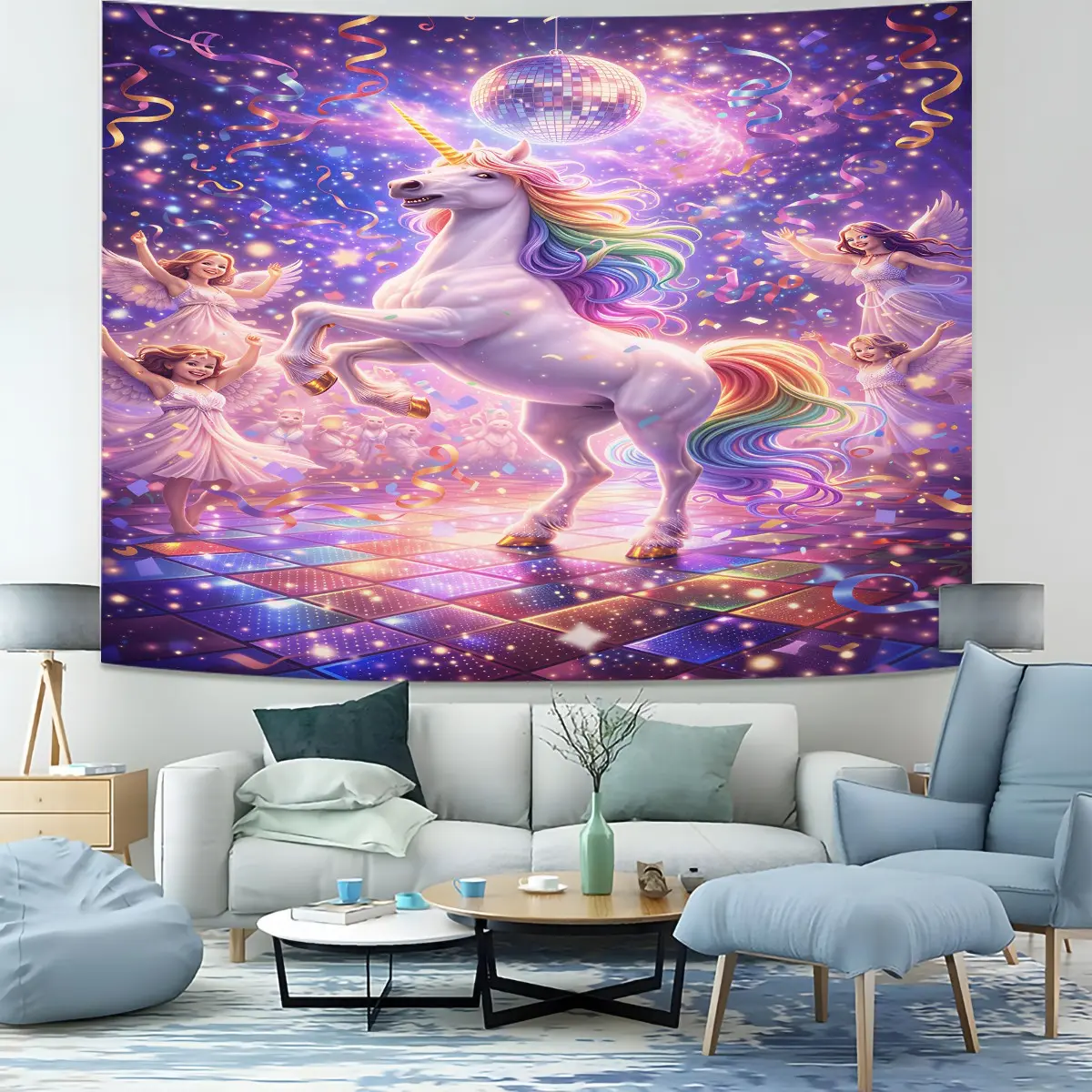 Disco Cartoon Unicorn Wall Tapestry,Rainbow Gradient Mane Print,Party Photo Backdrop,Decor for Living Room Dorm,Back‑to‑School Gift,Multi‑color Available