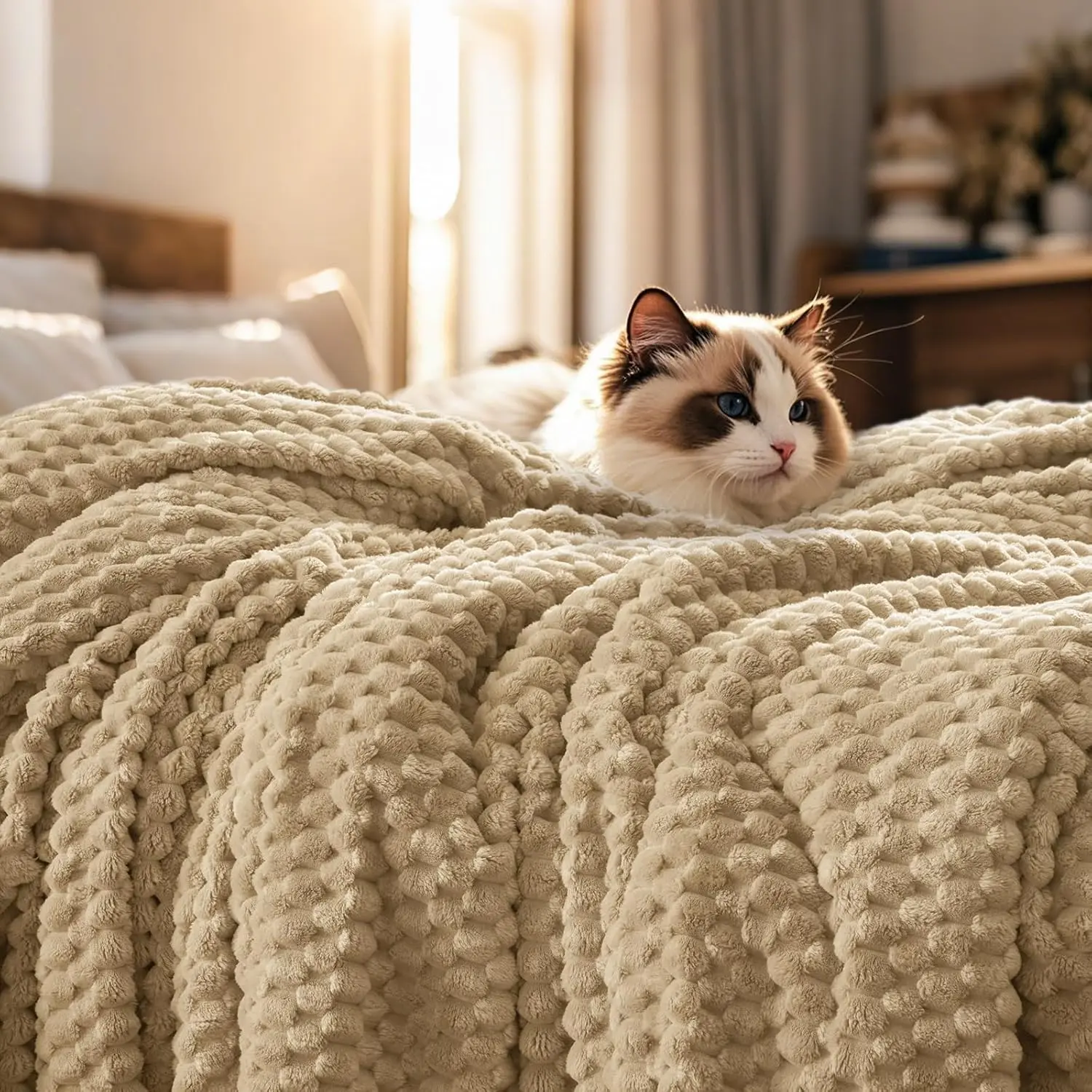 Soft Flannel Fleece Blanket Queen Size, Lightweight 3D Fleece Blanket, No Shedding, No Pilling, Luxury 340GSM Cozy for Bed Room Decor, 90"x90", Khaki