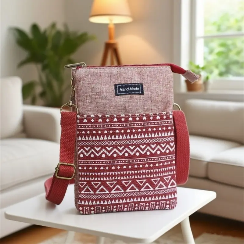 Ethnic Tribal White Geometric Print 5-Layer Cotton Crossbody Phone Bag, 5 Independent Compartments Large Screen Cell Phone Storage Fabric Sling Bag Adjustable Wide Strap Spacious Multi Pocket Shoulder Purse Practical Daily Carry Bag For Middle-Aged Elderl