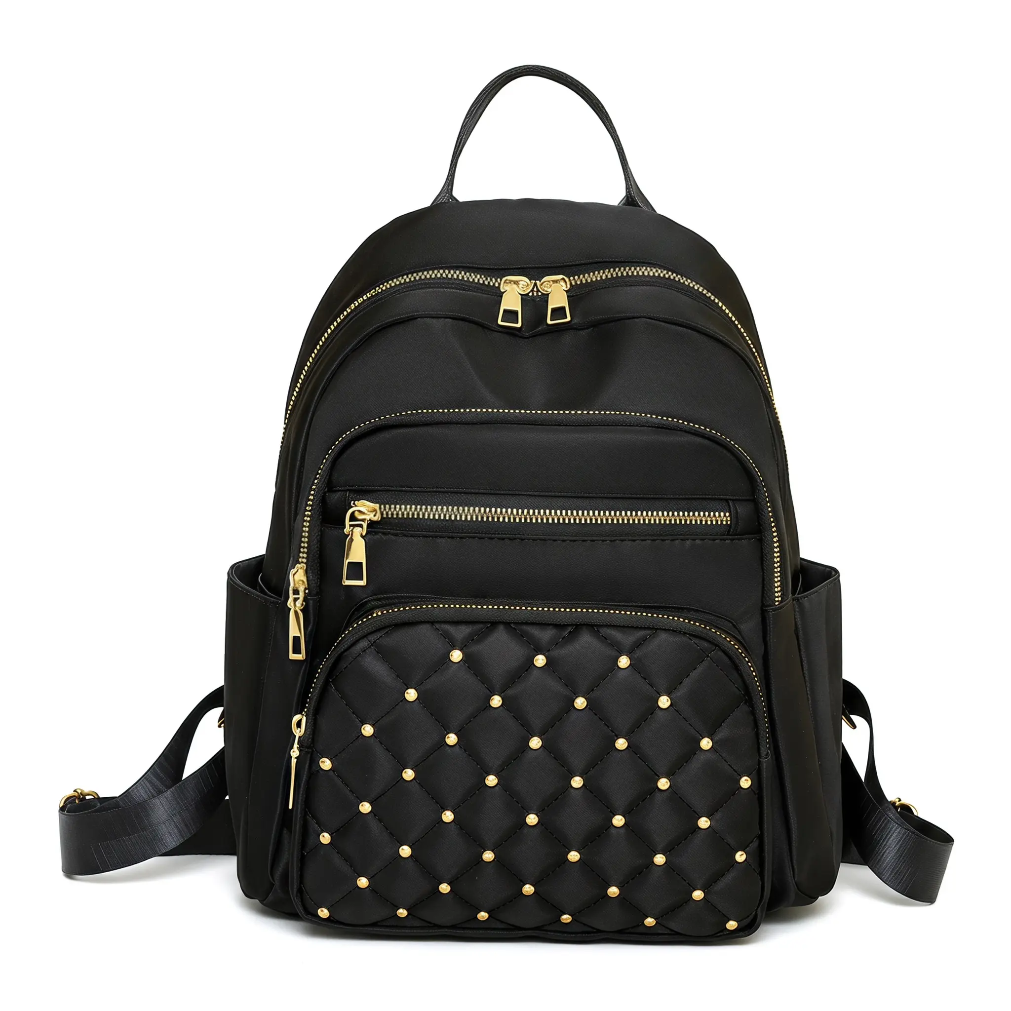 Everyday Essential Canvas Backpack For Women Waterproof Wear Resistant Diamond Quilted Embroidery Rivet Trendy Simple Commuting Casual Versatile Zipper Closure With Pockets