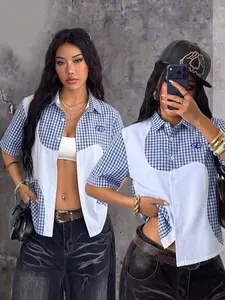 American Street Gingham Shirt, Patch Design Collar Short Sleeve, Versatile Summer Top, Y2K Retro College Style, Loose Fit