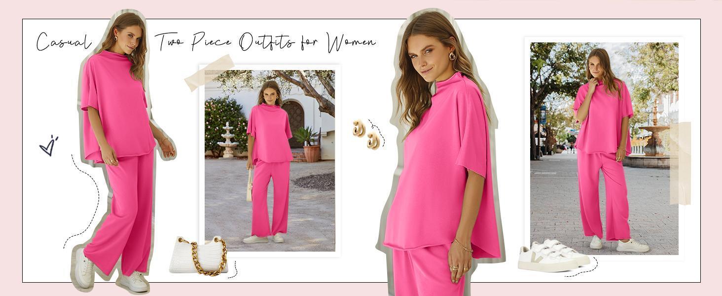 Imily Bela Women's Two Piece Outfits Crew Neck Pullover Tops 3/4 Batwing Sleeve Capelet Wide Leg Pants Casual Lounge Set