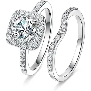 White Gold Plated Cubic Zirconia Two-in-One Halo Wedding Engagement Promise Eternity Ring for Women