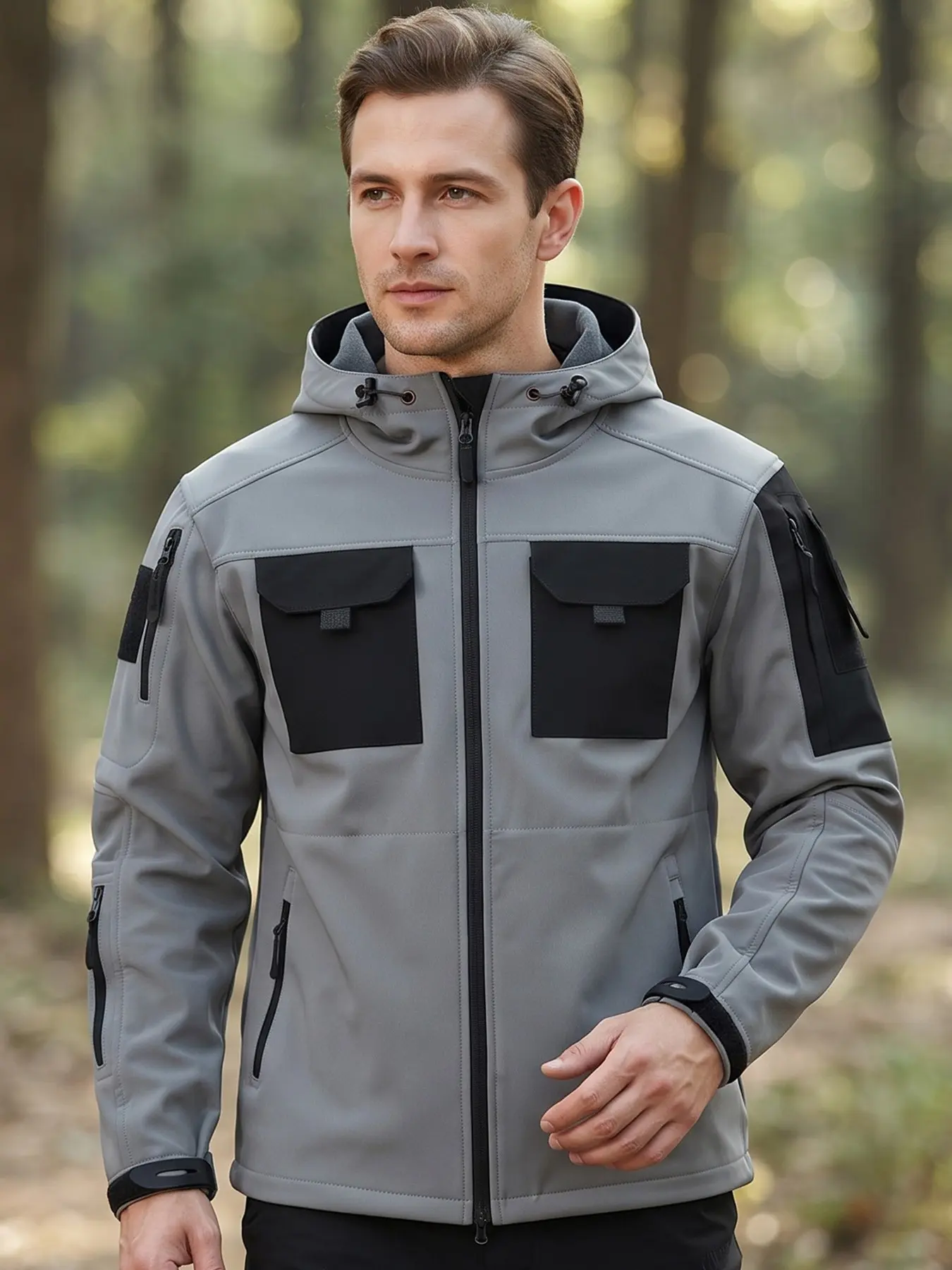 Men's Multi-Pocket Hooded Functional Jacket, Loose Fit Lightweight Water Repellent Coat, Outdoor Windproof Zip-Up Commuter Workwear Outerwear for Men, Techwear Jacket