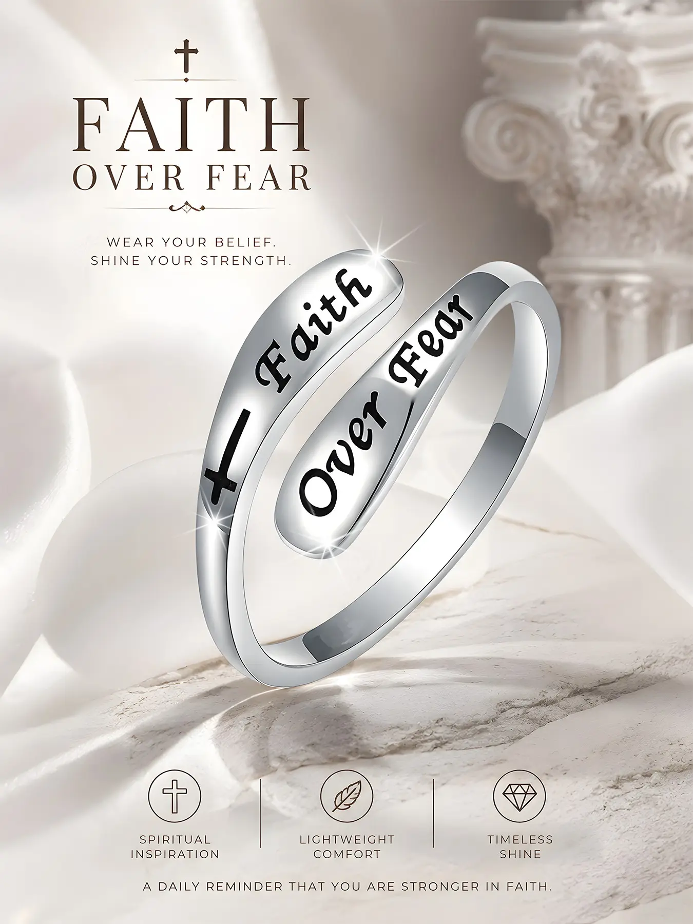 A women's 925 silver plated simple and fashionable Open Ring with a cross symbol, nickel-free, elegant jewelry, hypoallergenic, suitable for daily wear, perfect as a birthday gift for friends, Adjustable Rings