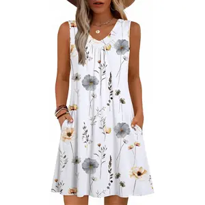 Summer Dresses for Women 2026 Sleeveless Dress V Neck Tank Dress Pleated Floral Tshirt Sundresses with Pockets