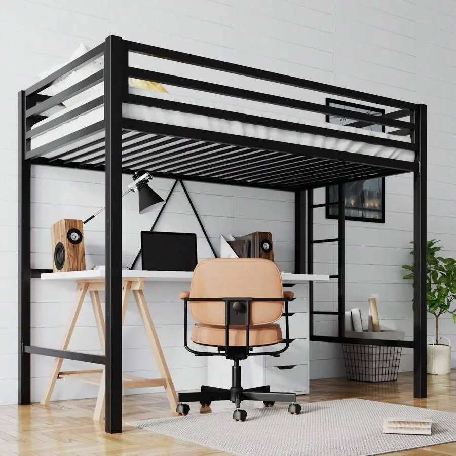 Junior Bed Twin Size, Heavy Duty Twin Bed Frame With Full-Length Guardrail & Removable Stairs, Noise-Free, Space-Saving, No Box Needed, Black/Aqua Blue/Cream White * Bed Frame Queen Queen Bed Frame Bed Frame Full Full Size Bed Frame Size Bed Frame Twin Be