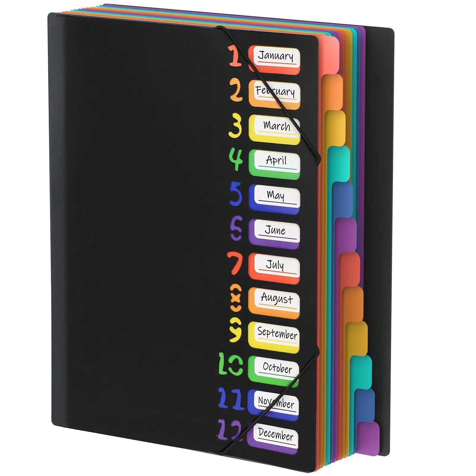 Multi-Layer A4 Folder with Rainbow-Colored Tabs & Monthly Dividers - Durable Plastic Document Organizer for School, Office, Home-Color-Coded Calendar System, Labeled Months, Sturdy Black Cover, Folders