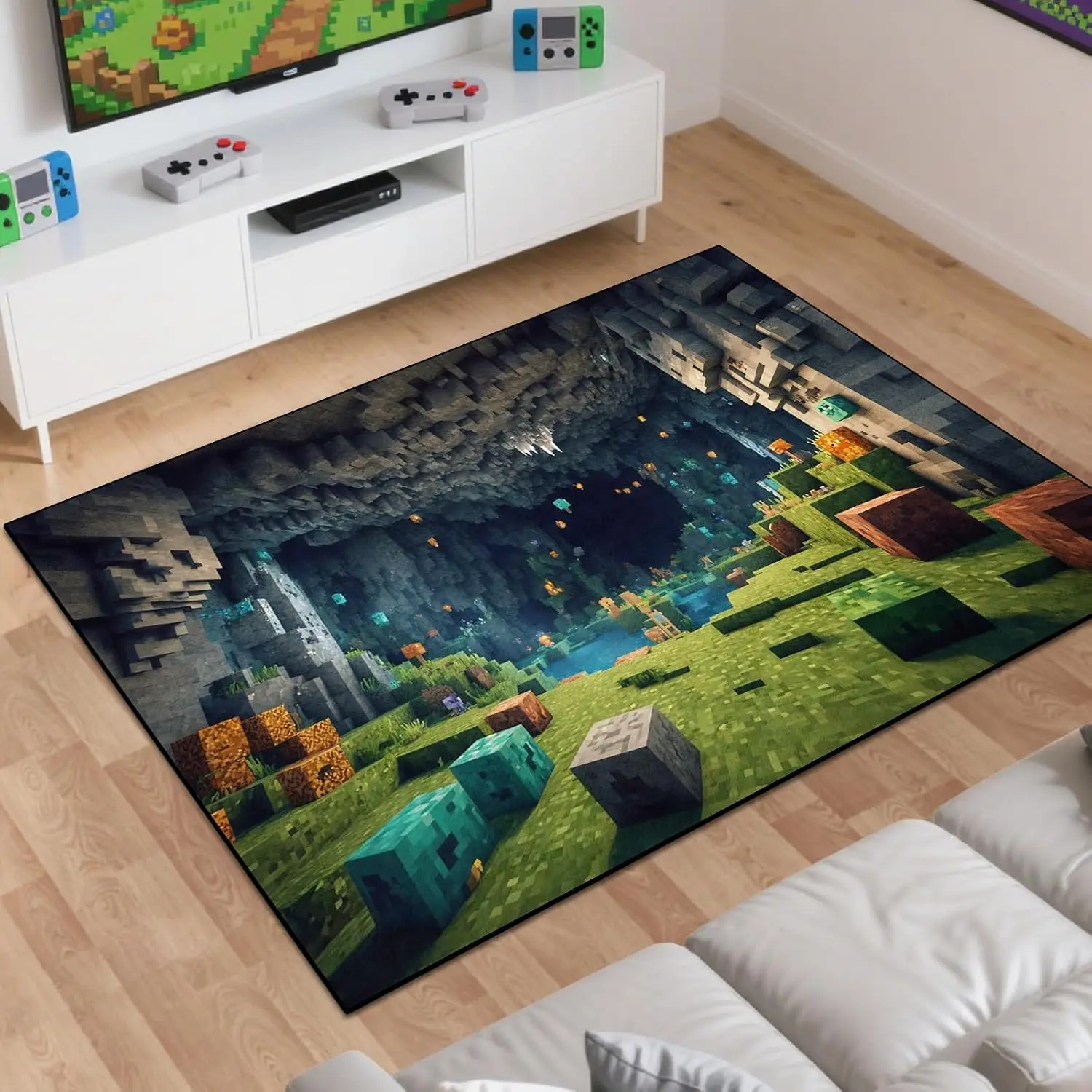 Block  Rug Teen  Carpet, Pixel  Scene Decoration Mat, Washable  Rugs for Boy’s Bedroom Living Room Playroom, Non-Slip  Gaming Area Rugs (Green Grass Karst Cave, 60" x 40")