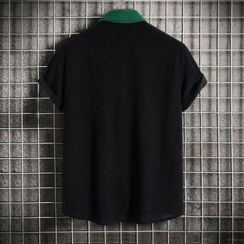 Men's corduroy color-block short-sleeve shirt, casual button-up shirt with chest pocket, vintage summer street style, soft and breathable, suitable for everyday wear