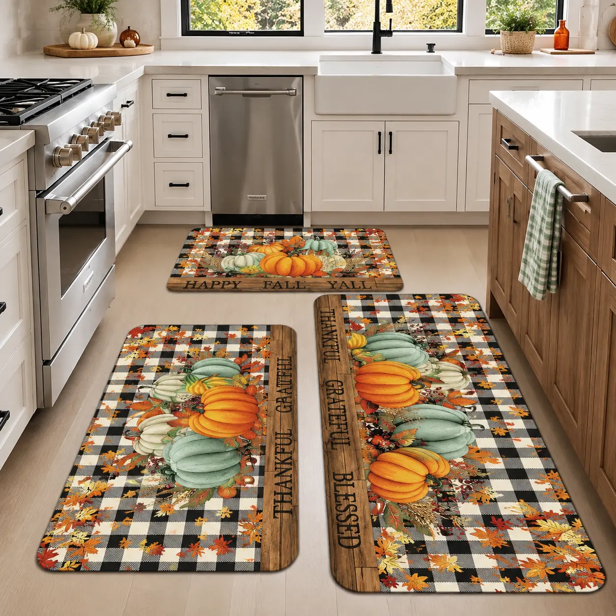 2/3pcs Home Decor Kitchen Floor Mat - Autumn Harvest Themed, Maple Leaf/Pumpkin/Checkered Patterns, Polyester Flannel Thick Pile, Soft Fluffy Non-Slip, Machine Washable, Suitable for Kitchen & Bathroom