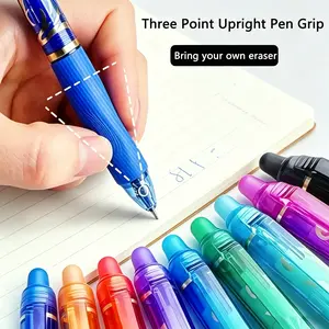 Pack of 10 multi-color erasable gel pens with built-in erasers. Featuring posture-correcting grip and press-to-retract tip design. Perfect for DIY journals, labeling and handwritten posters, ideal for students, teachers, medical staff and office workers.