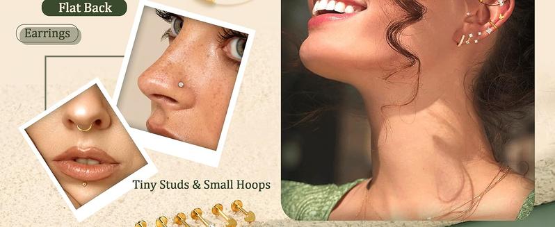 MILACOLATO Threadless Flat Back Earrings Hypoallergenic - 9 Pairs 316L Surgical Steel Push in CZ Studs & Hoops Set for Women Men 14K Plated Gold Cartilage Tragus Helix Nose Piercing Jewelry 16G 18G