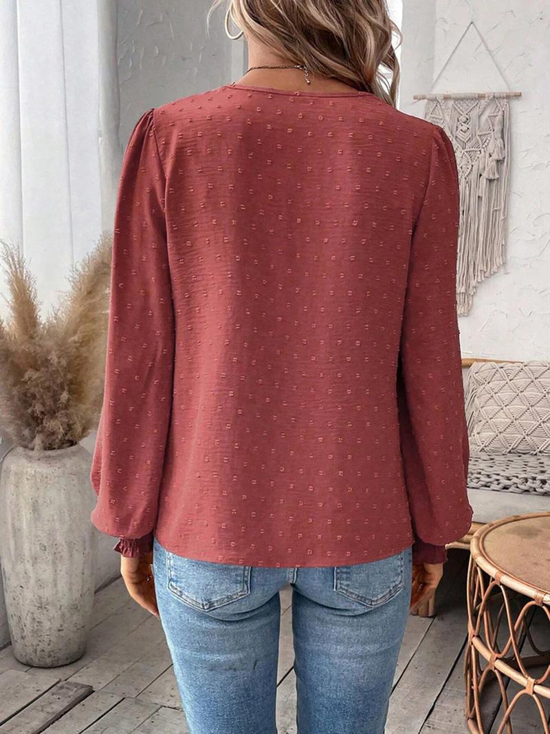 Women's Mixed Pattern Paisley Lace Swiss Dots Smocked Long Sleeve Blouse