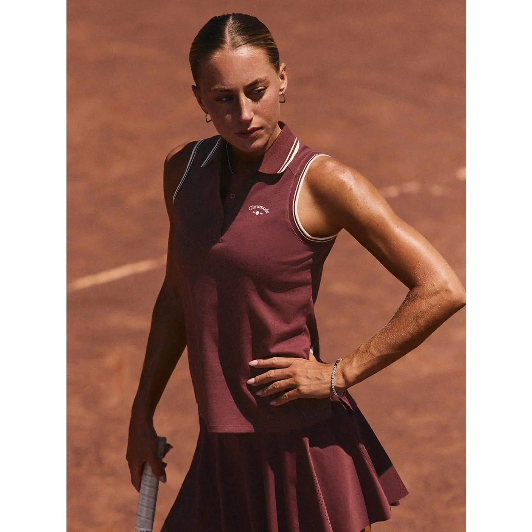 GLOWMODE Cooling Quick Dry Antibacterial Regular Fit Hip Length Strapless Button Down Contrast Collar Printed Front Polo Top Tennis Golf Summer